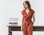 Wrap linen jumpsuit Washed long linen overall Linen romper
