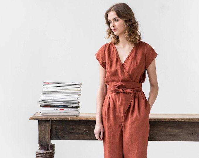 Wrap linen jumpsuit / Washed long linen overall / Linen romper