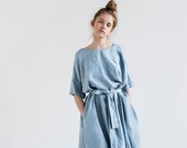 Linen dress with DROP SHOULDER short sleeves Oversized loose fitting