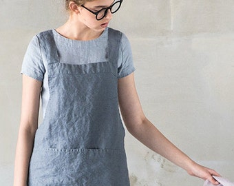 35x28 Two Pocket Front Crossback Linen Cooking Apron Gray - Saro