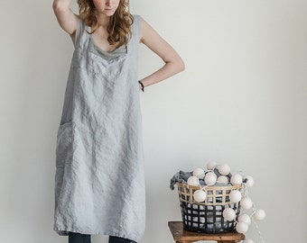 Japanese Cross Back Linen Apron. Japanese Apron. Linen Cross Over Apron. No  Ties Linen Apron. Pinafore Apron for Woman. 