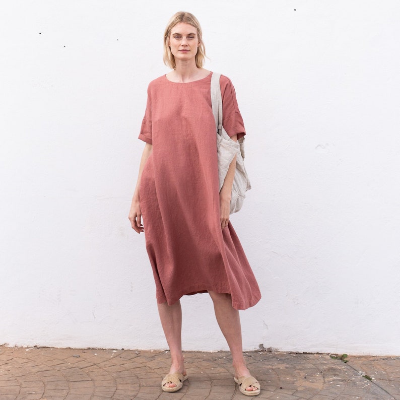 Linen dress RENNES-2 with DROP SHOULDER / short sleeves / Oversized / loose fitting image 4