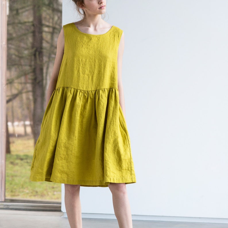 Smock linen dress in MIDI length / Loose linen sleeveless summer dress / Washed linen dress image 5