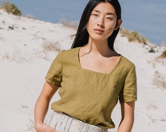 Short sleeve linen top  SOOKE / square neck top / white linen top short sleeves / linen blouse