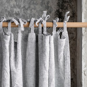 Linen curtain 1 panel in small checks / drapery panels / curtain panel 画像 1