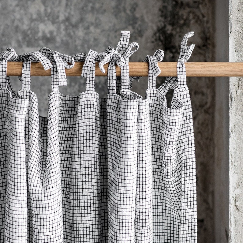 Linen curtain 1 panel in small checks / drapery panels / curtain panel 画像 1