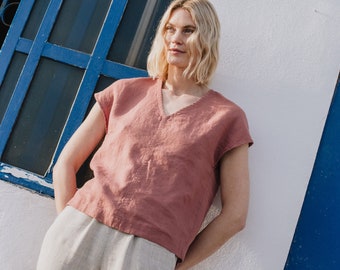 Boxy linen top MALTA / linen top / v neck / v neck blouse / short sleeve linen top