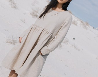 Linen loose dress EMILIE with long sleeves in MIDI length / linen dress / linen dress midi