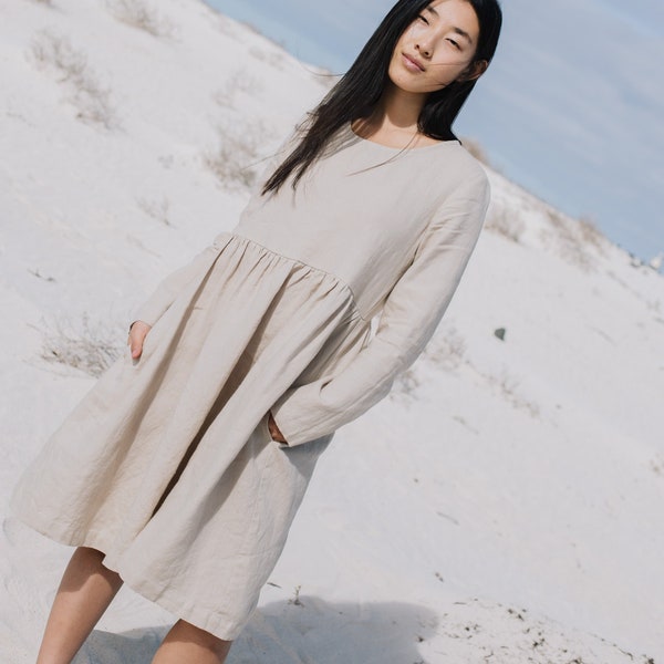 Linen loose dress EMILIE with long sleeves in MIDI length / linen dress / linen dress midi