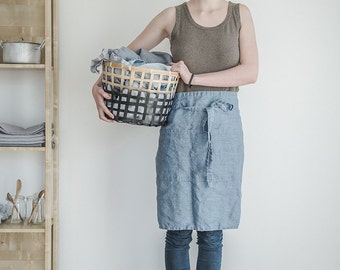 Linen half apron / Washed swedish blue- natural- eco - friendly- handmade half linen apron.