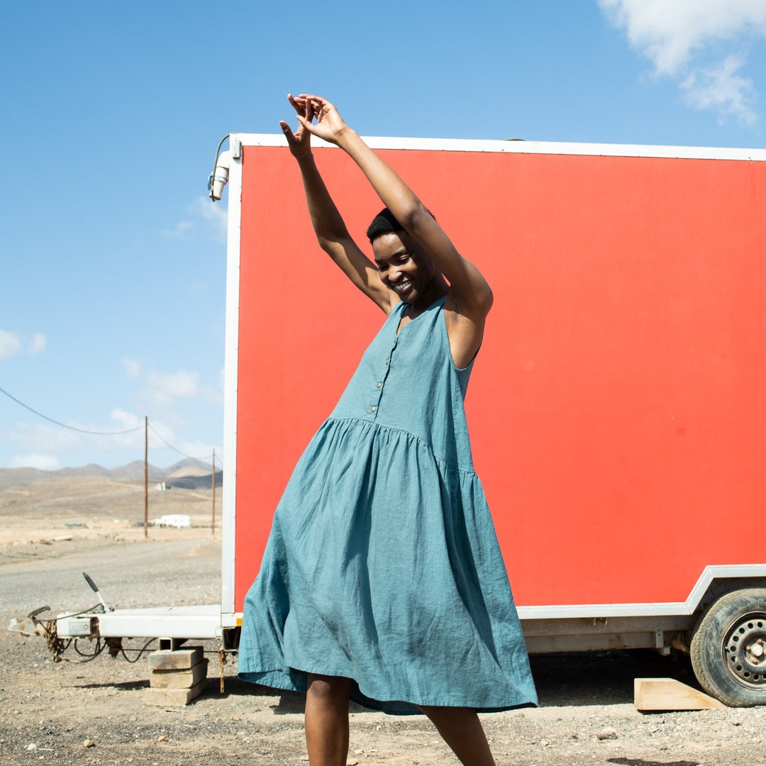 Linen Smock Dress With Front Snaps VOLUME2 / Oversized Linen Etsy