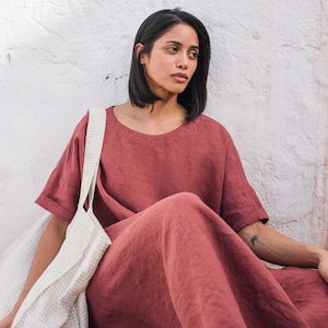 Linen dress RENNES-2 with drop shoulder/ short sleeves / oversized linen dress / loose fitting