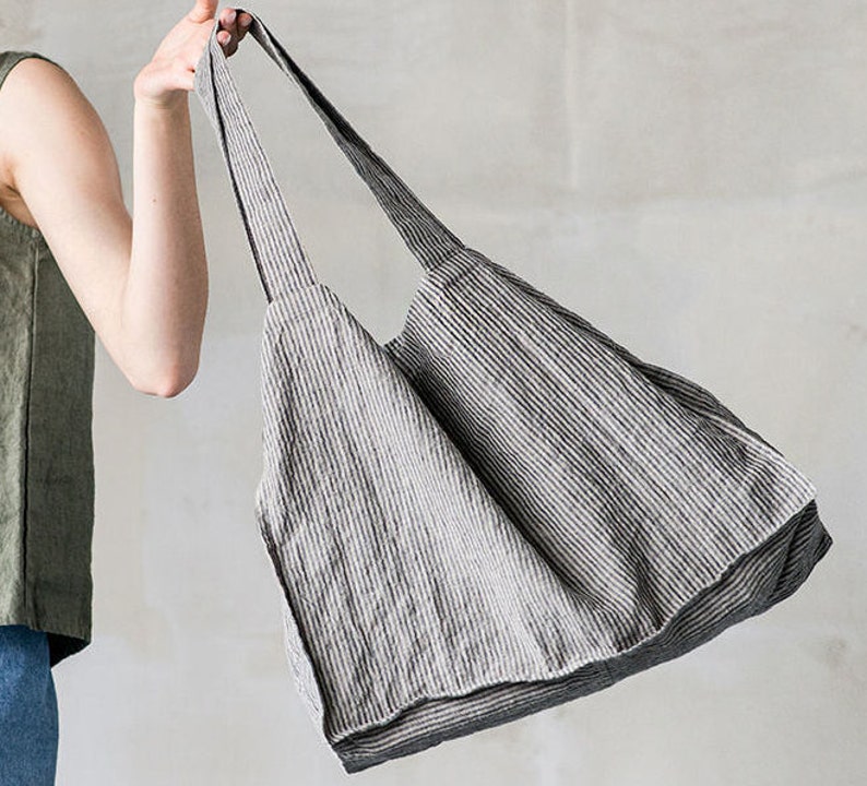 Linen tote bag in Stripes / linen beach bag / linen shopping | Etsy