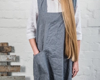 Linen Apron - Pinafore /  japanese apron  / pinafore apron / linen cross apron