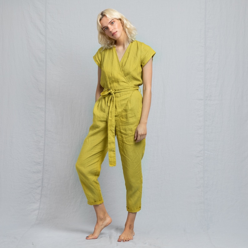 Long WRAP linen jumpsuit / Linen romper / linen jumpsuit women / wrap jumpsuit image 4