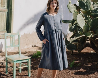 Linen Dress MAMA in MAXI length / long sleeve dress / maternity dress / dress with pockets /  front buttons