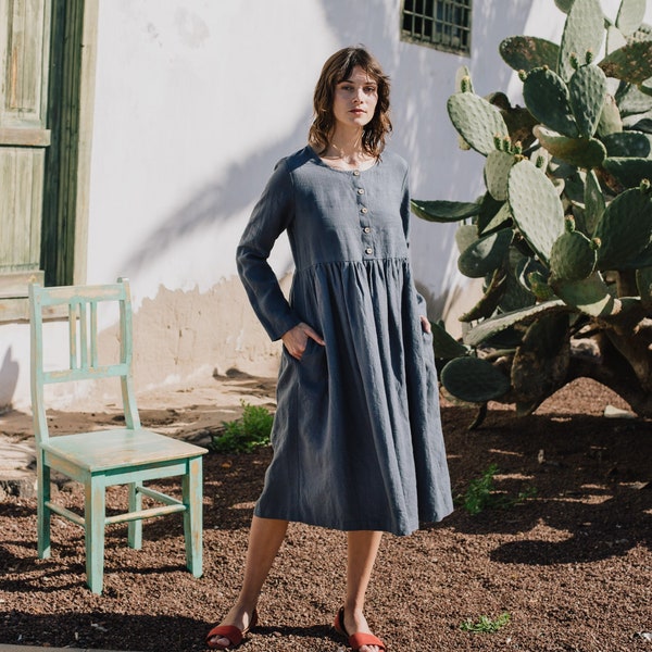 Linen Dress MAMA in MAXI length / long sleeve dress / maternity dress / dress with pockets /  front buttons