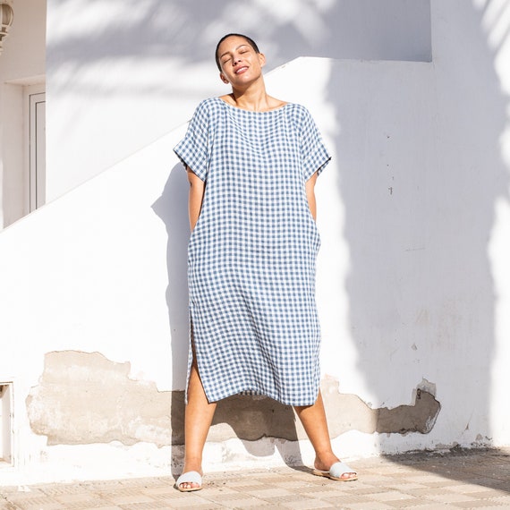 FATIMA Tunic Etsy - Linen Loose in Light / Sweden Long Blue Gingham Weight