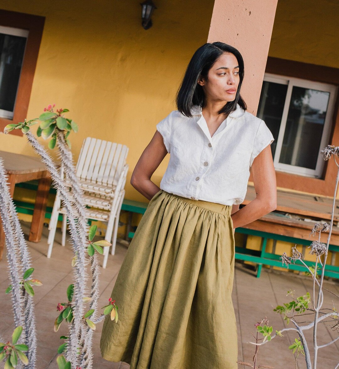 Women Striped A Line Retro Print Skirts Linen