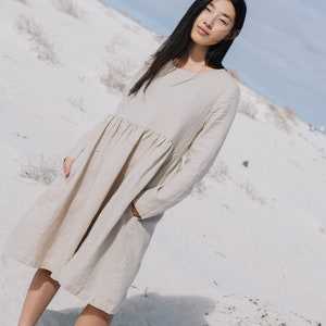 Linen loose dress EMILIE with long sleeves in MIDI length / loose linen dress / linen women dress