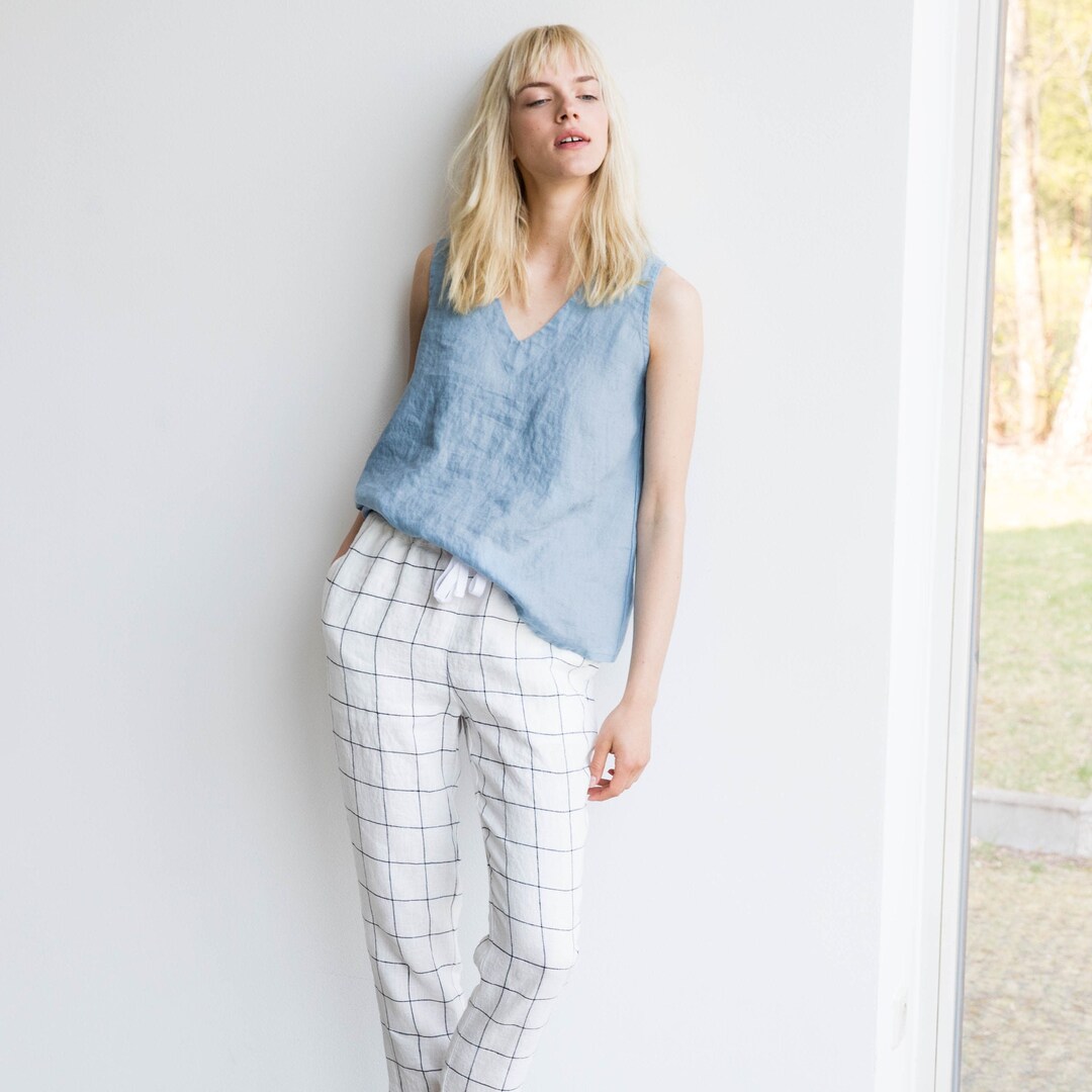 Linen Plain Lace Loose Ankle Pants main image 0