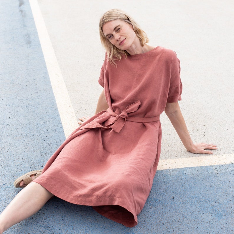Linen dress RENNES-2 with DROP SHOULDER / short sleeves / Oversized / loose fitting image 3
