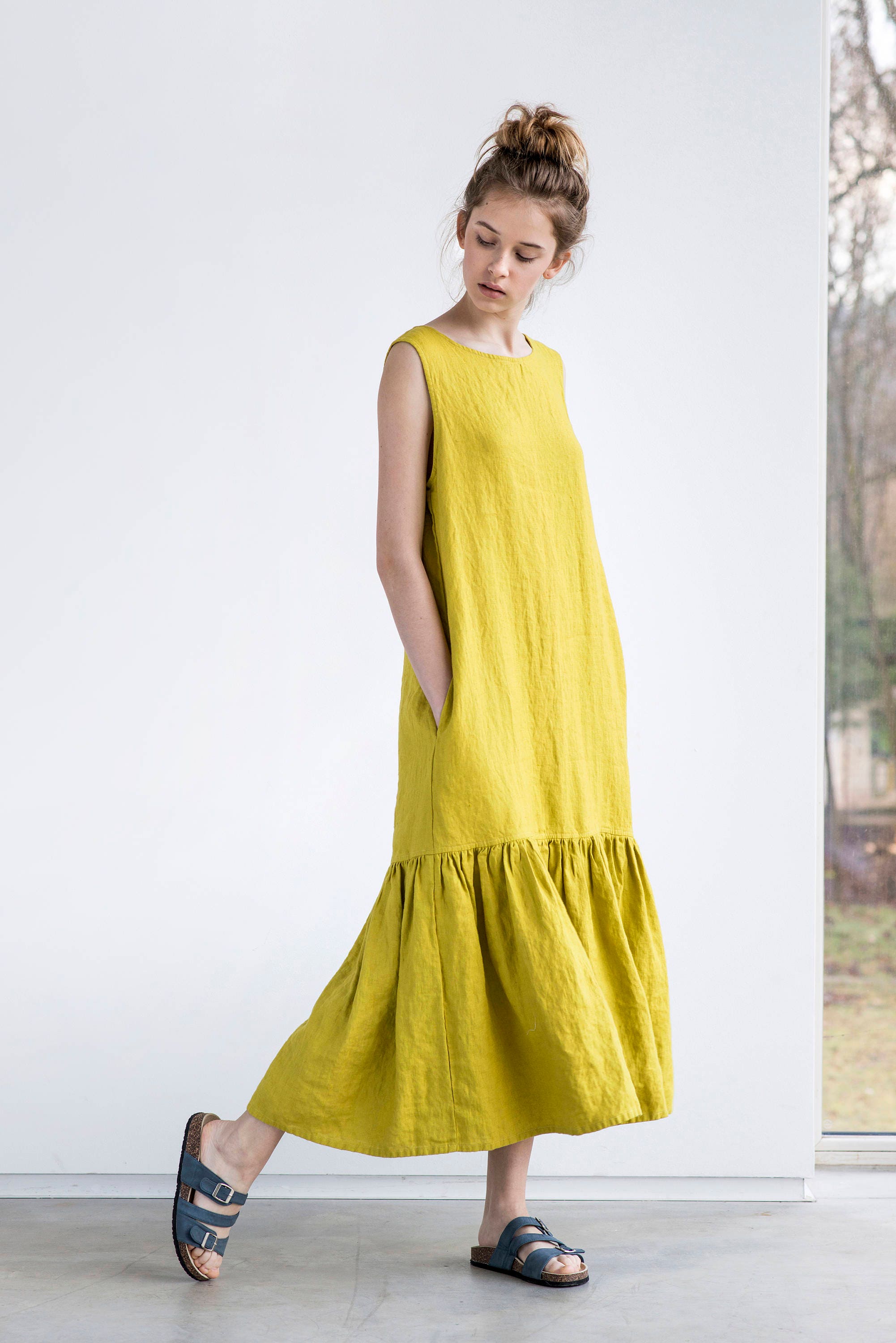 Drop Ruffle Maxi Linen Dress / Washed ...