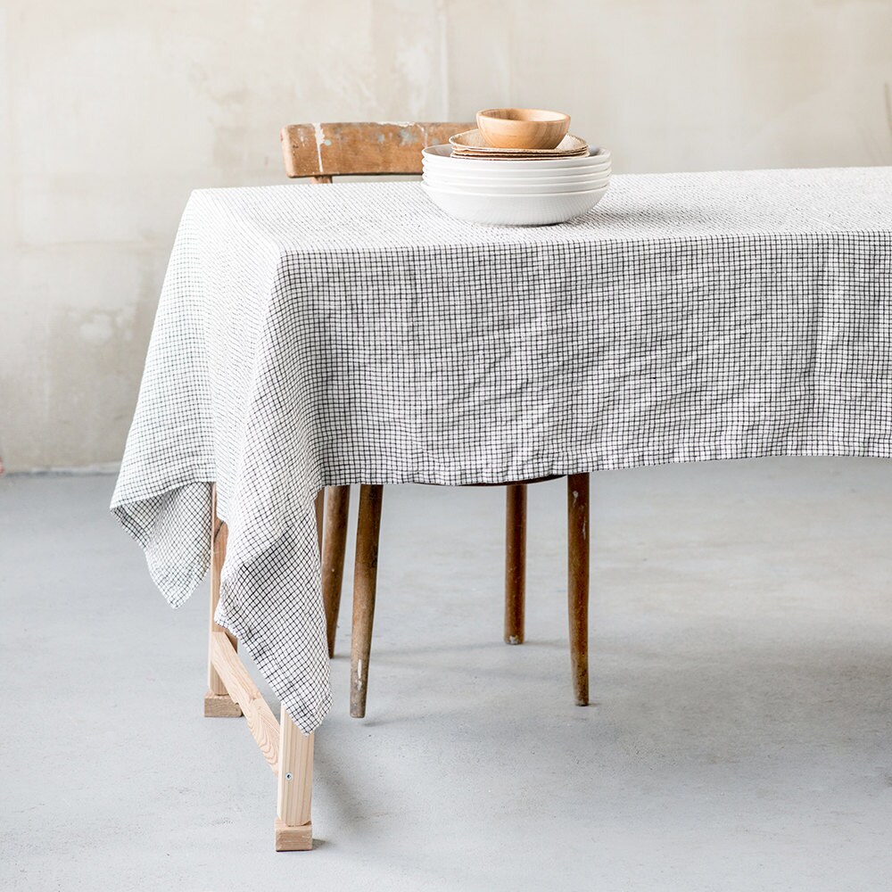 Washed Linen Tablecloth in Small Checks / Handmade Linen Etsy