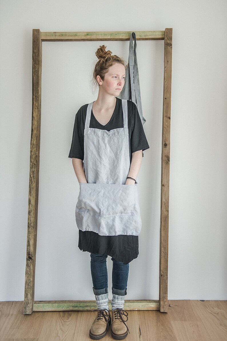Short Square Cross Linen Apron/japanese Style Apron. Washed Etsy