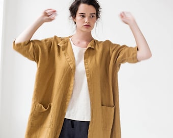 Linen cardigan jacket SINTRA / in amber yellow / Short or Long washed oversized Linen cardigan/ Linen jacket
