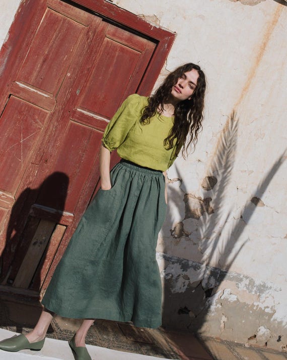 Elastic Linen Midi Skirt With Pockets Linen Patch Pocket Skirt