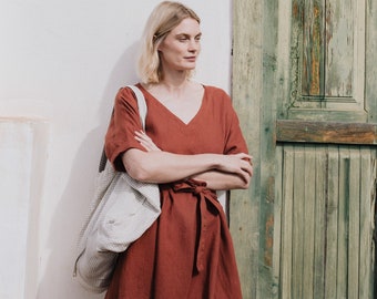 Oversized linen dress BERLIN / linen dress / v neck / long linen dress / linen maxi dress