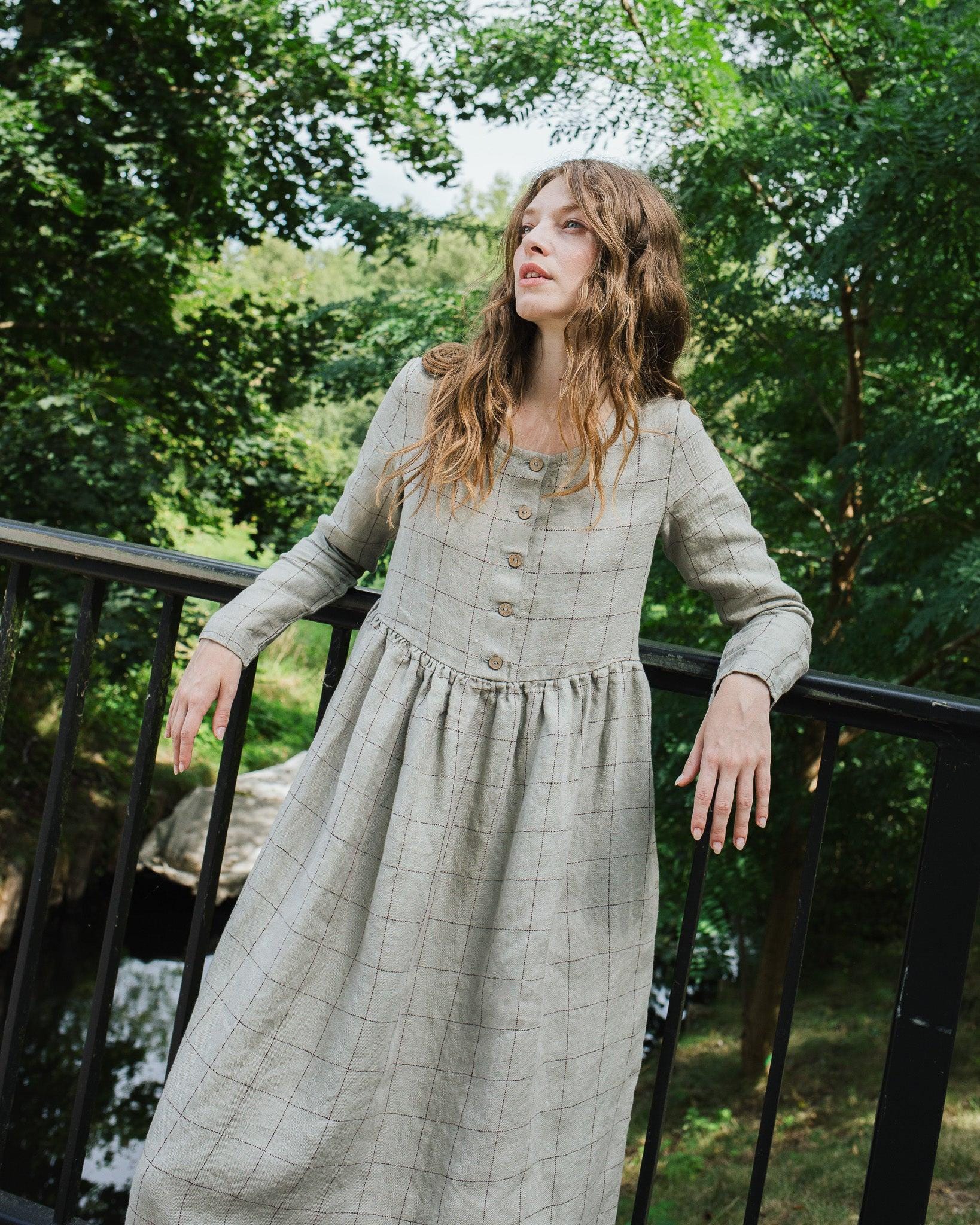 chinese dress ladies Gingham Linen Maxi Dress – MAMA-2 Short Sleeve (Green) main image 1
