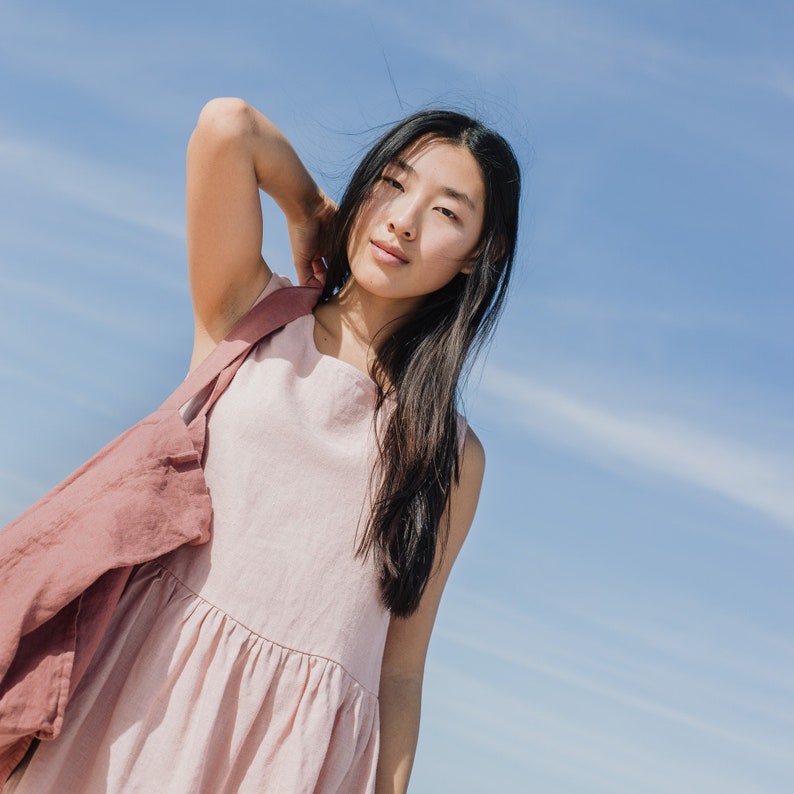 Smock linen dress in MIDI length / Loose linen sleeveless summer dress / Washed linen dress image 2