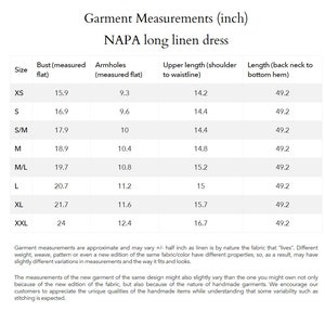 a table with measurements for a dress