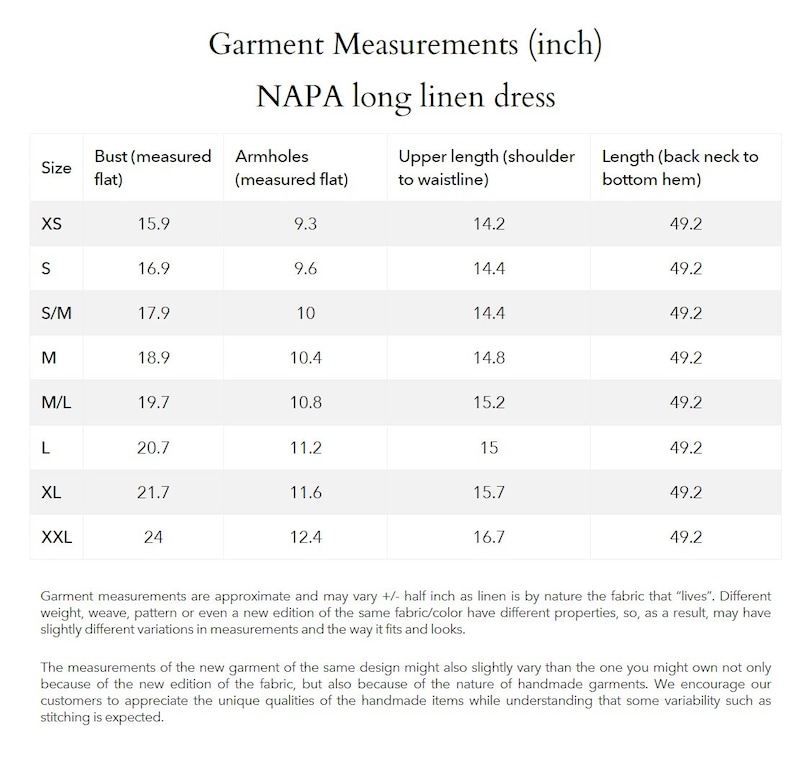 a table with measurements for a dress