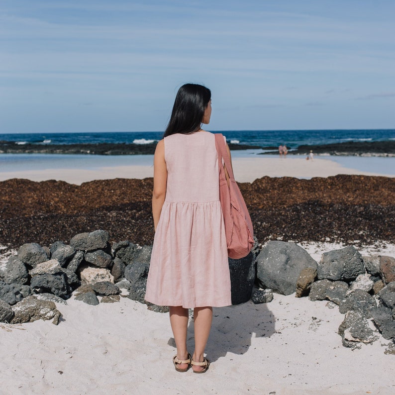 Smock linen dress in MIDI length / Loose linen sleeveless summer dress / Washed linen dress image 3