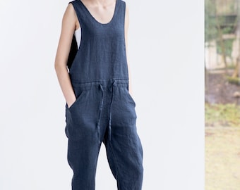 Loose Linen jumpsuit / Charcoal washed  linen jumpsuit / Washed linen overall