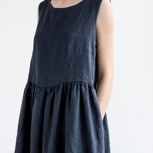 Smock linen dress in MAXI length shops / Maxi washed linen summer dress / Charcoal sleeveless linen summer dress / Washed long linen dress