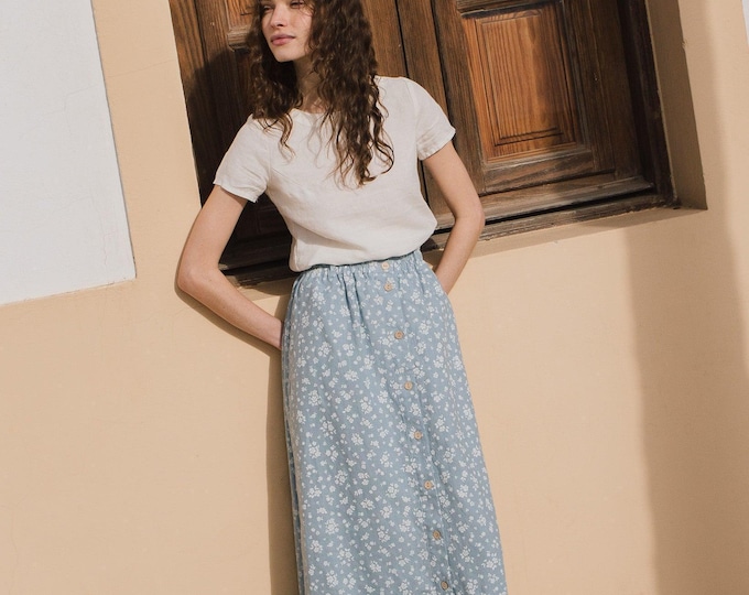 High waist skirt EUREKA / linen skirt / elastic linen skirt / ruffle / button down skirt