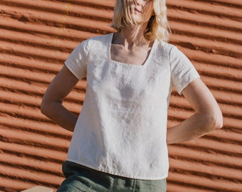 Short sleeve linen top  sooke / square neck top / white linen top short sleeves / linen t shirt