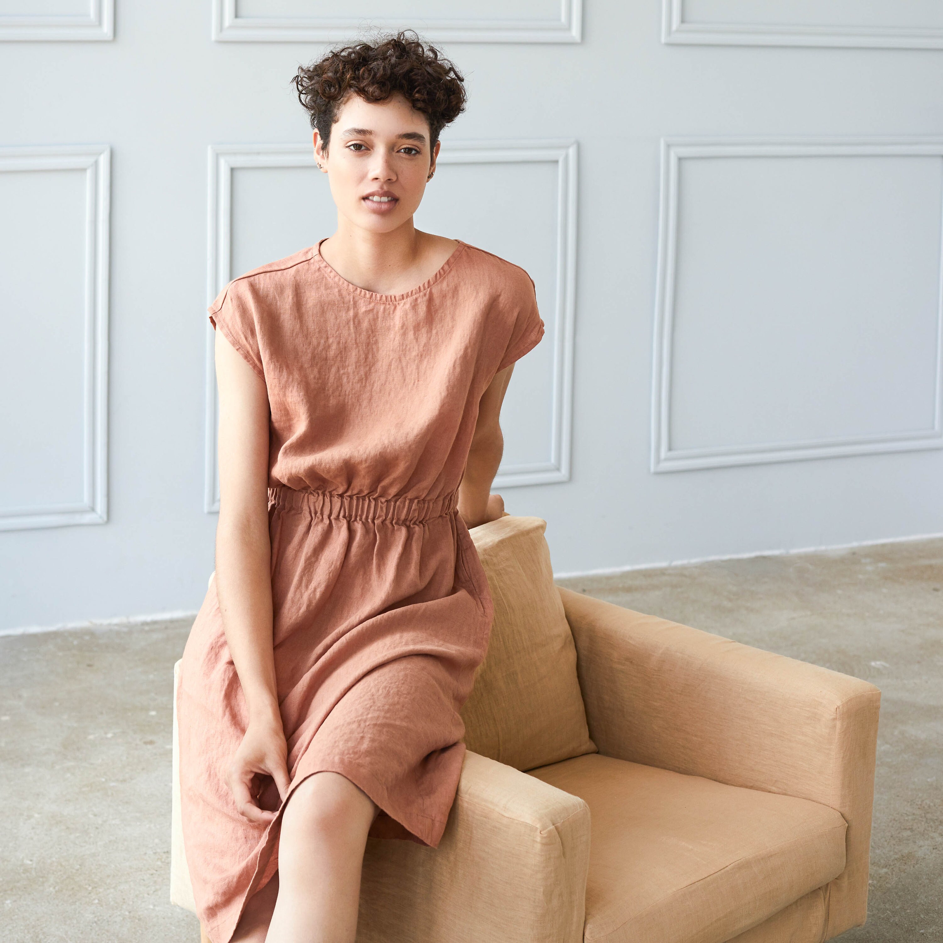 Basic linen dress with elastic waistband / Washed linen dress Etsy