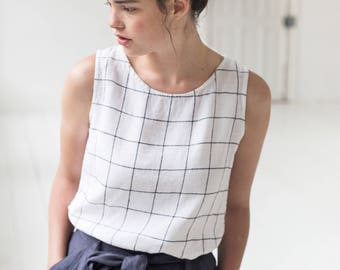 Linen tank top VIENNA / Round neck washed linen blouse / linen tank top in large checks