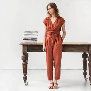 Long WRAP linen jumpsuit / Linen romper / linen jumpsuit women / wrap jumpsuit image 3