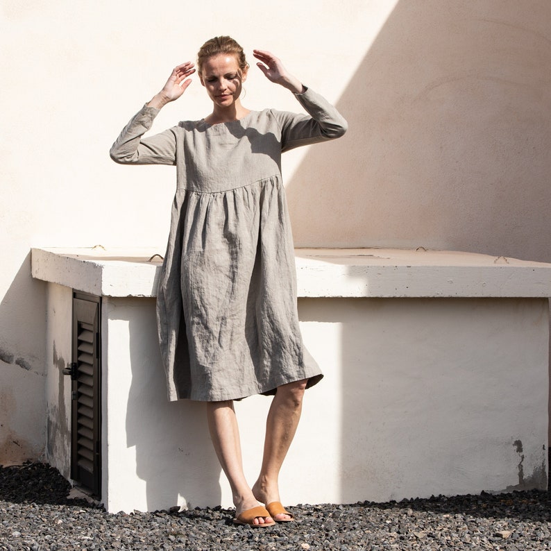 Linen loose dress EMILIE with long sleeves in MAXI length / linen dress / maternity dress image 1