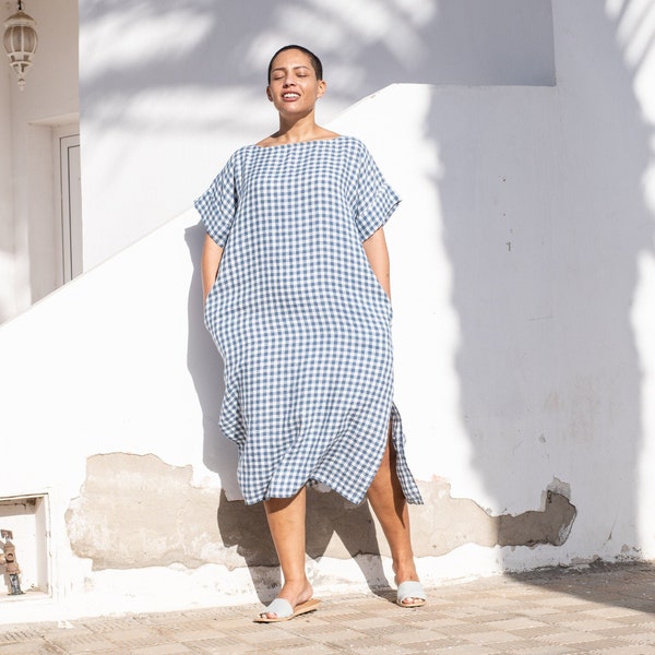 Linen tunic FATIMA / in light weight blue gingham / plus size dress / linen dresses