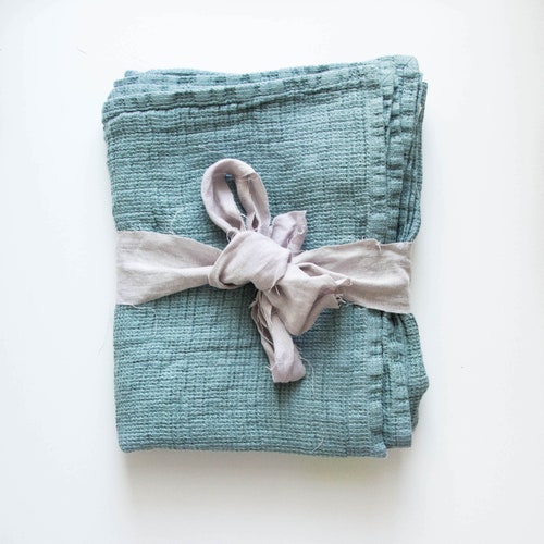Large Linen Waffle Bath Towel in Aqua Green / READY TO SHIP / Etsy