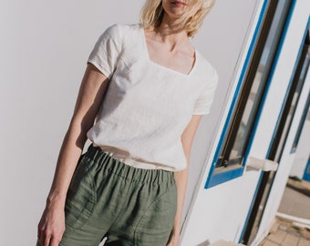 Short sleeve linen top  SOOKE / square neck top / white linen top short sleeves / linen blouse