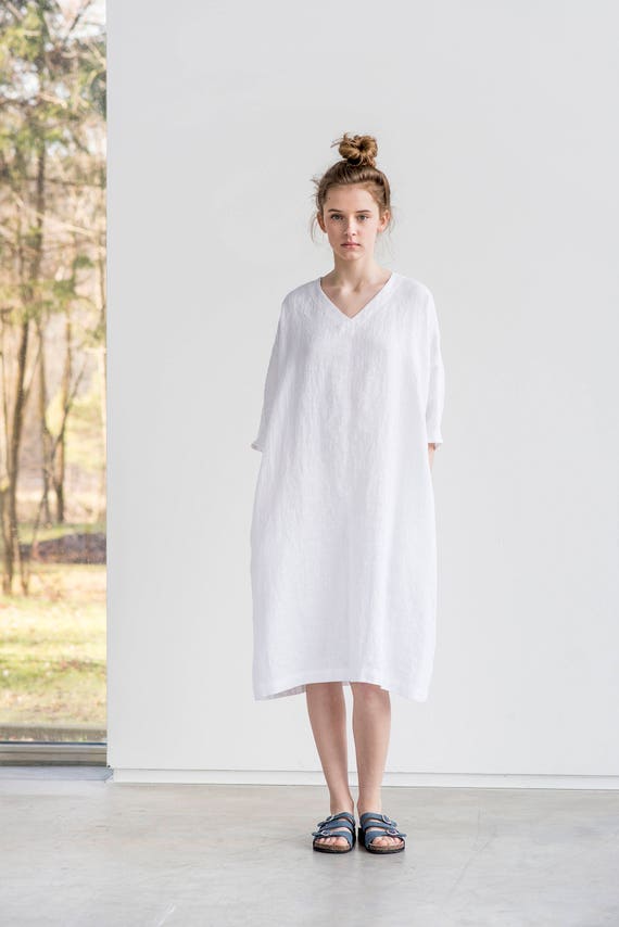 white linen tunic dress