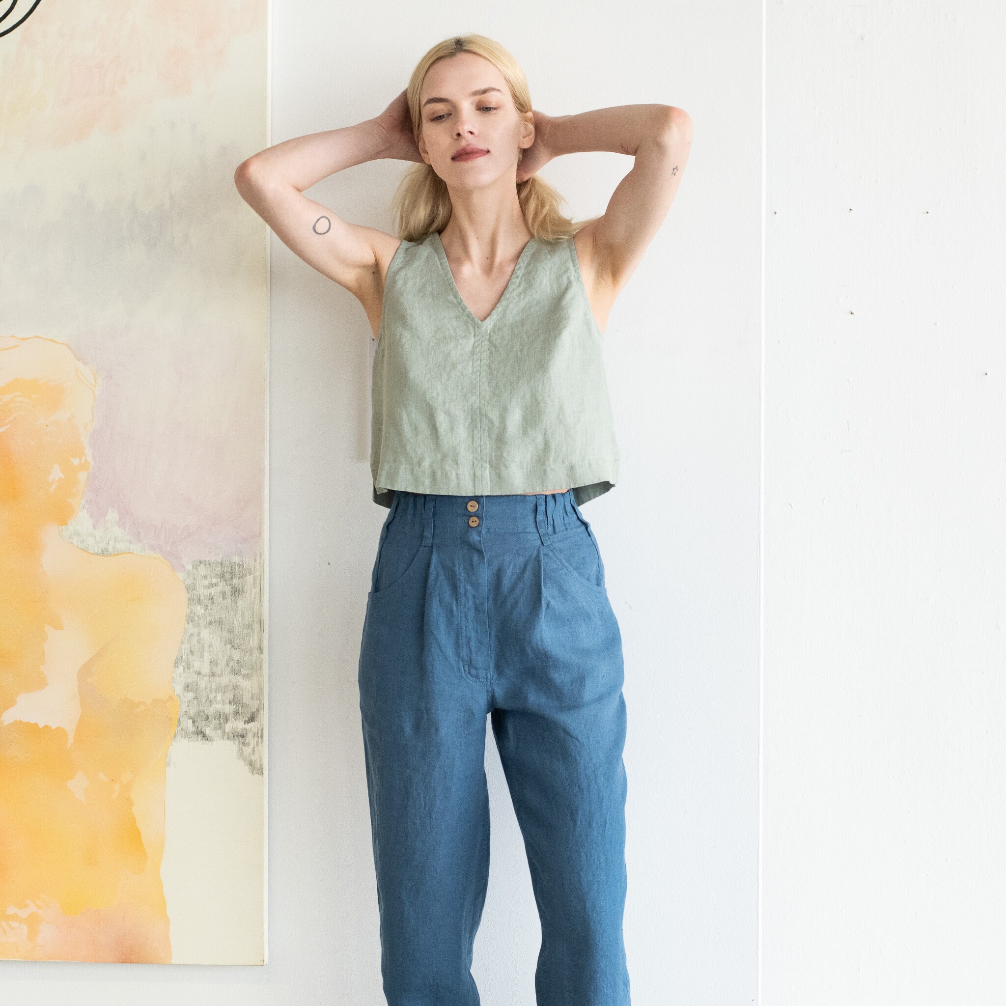 High-waisted Pleated Front Pants DAMME - Etsy